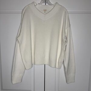 Free People Sweater Womens Small Optic White V Neck 100% Cotton Knit Pullover